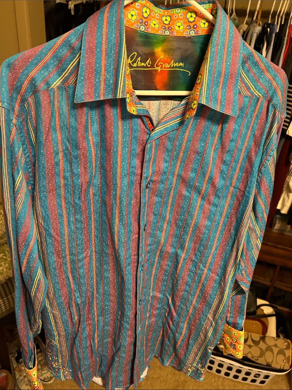 Robert Graham Teal and Burgundy Striped Button-Down Shirt with Floral Trim